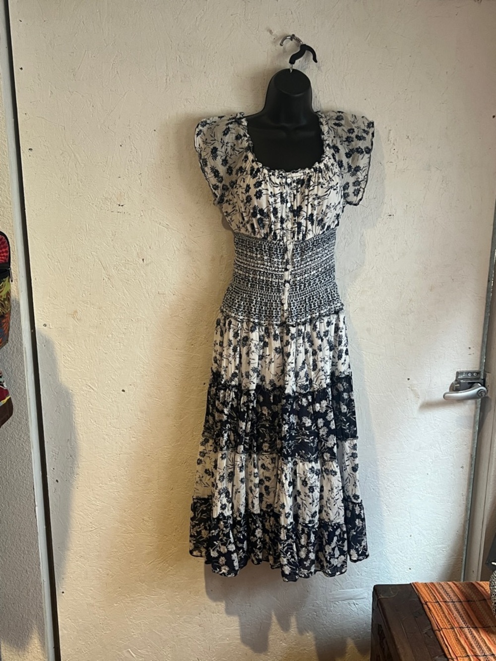Mlle Gabrielle Navy Blue & White Floral Smocked Midi Dress.